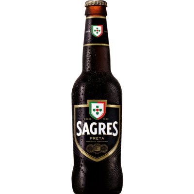 Garrafa de cerveja Sagres Preta com rótulo preto e dourado