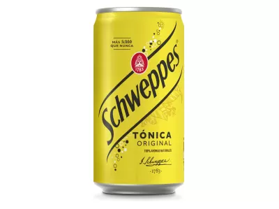 Lata amarela de Schweppes Tónica Original com texto preto e vermelho