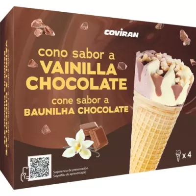 Embalagem Coviran de cones de gelado sabor baunilha chocolate com imagem do cone e pedaços de noz