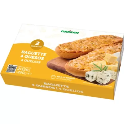 Embalagem de baguettes 4 queijos Coviran com queijo e instruções no fundo amarelo