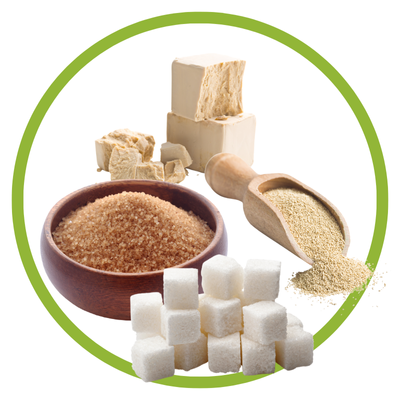 Cubos de açúcar, açúcar mascavado, levedura fresca e granulada numa colher