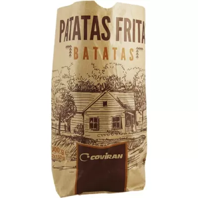 Saco de batatas fritas em papel com desenho vintage e texto Coviran