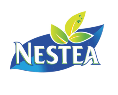 Logotipo da marca NESTEA com fundo azul e folhas verdes