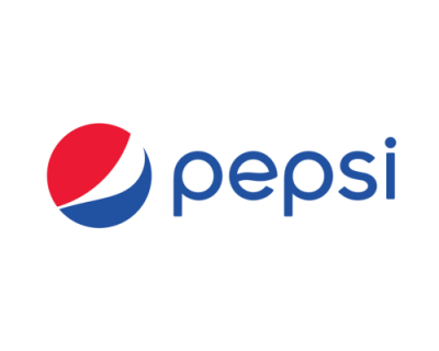 Logótipo da Pepsi com texto azul e círculo vermelho, branco e azul.