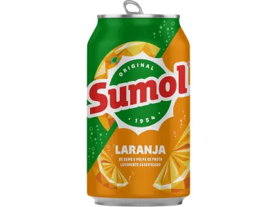 Lata Sumol laranja verde e laranja com texto e fatias de laranja