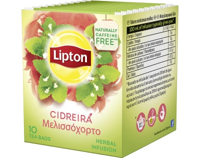 Caixa de chá Lipton Cidreira com 10 saquetas e texto em inglês e grego