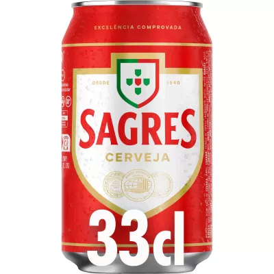 Lata de cerveja Sagres vermelha e branca, 33 cl