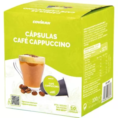 Embalagem verde de cápsulas de café cappuccino Coviran com imagem de copo e grãos de café