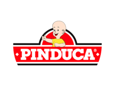 Logo da marca PINDUCA com texto e boneco careca a fazer sinal de positivo