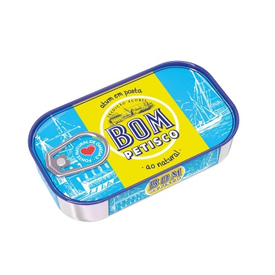 Lata de conserva de atum BOM PETISCO com design azul, amarelo e branco