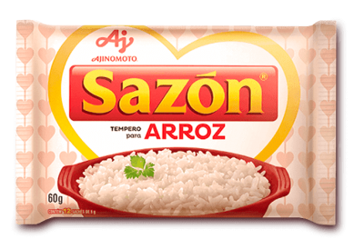 Embalagem de tempero para arroz Sazón com imagem de arroz e logotipo Ajinomoto