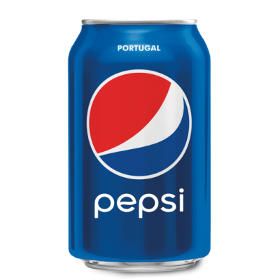 Lata azul de refrigerante Pepsi com logo colorido e texto em branco
