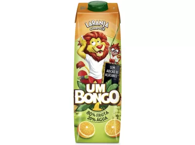 Cartão de sumo de laranja UM BONGO com tampa verde e desenho de leão e texto promocional