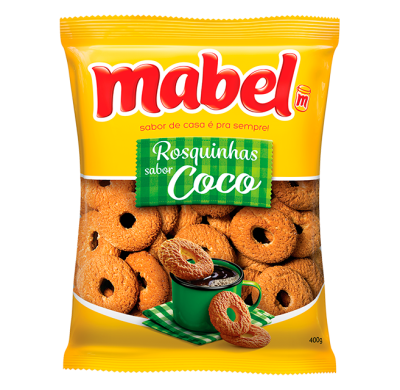 Pacote amarelo de biscoitos rosquinhas sabor coco da marca Mabel