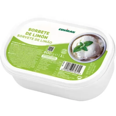 Caixa branca com rótulo verde e branco de sorvete de limão da marca Coviran