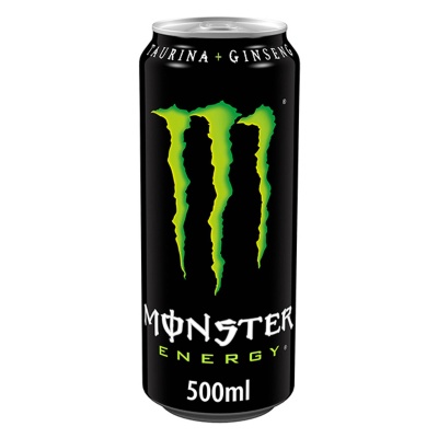 Lata preta de Monster Energy 500ml com logo verde e texto branco