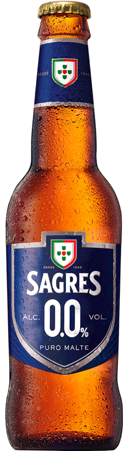 Garrafa de cerveja Sagres 0.0% álcool vidro castanho com rótulo azul e branco