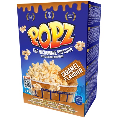 Embalagem de pipocas Popz sabor caramelo para micro-ondas azul e amarelo