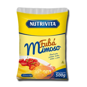 Embalagem amarela de Fubá Mimoso Nutrivita de 500g com ilustração de prato com fubá e tomates.
