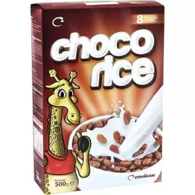 Caixa de cereais Choco Rice com imagem de girafa e tigela de cereais com leite