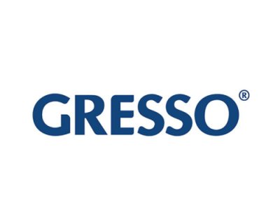 Logotipo azul da marca GRESSO em fundo branco
