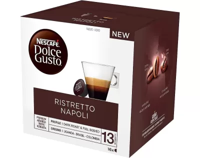 Caixa de cápsulas Nescafé Dolce Gusto Ristretto Napoli com chávena de café