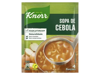Pacote verde da sopa de cebola Knorr com imagem de sopa num prato