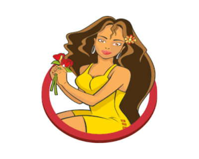 Mulher com vestido amarelo e flores vermelhas dentro de círculo vermelho.