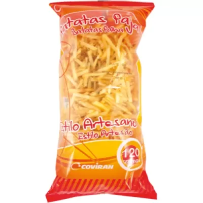 Pacote de batatas palha Coviran vermelho e laranja com texto e peso visível