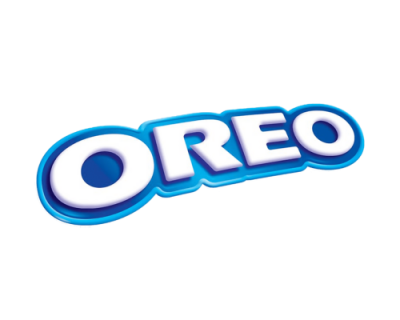 Logótipo OREO em letras brancas com contorno azul e roxo