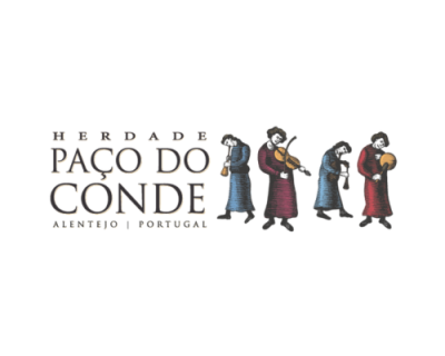 Logótipo Herdade Paço do Conde com figuras tradicionais a tocar instrumentos