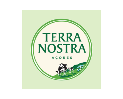 Logotipo TERRA NOSTRA AÇORES com vacas e flores em fundo verde