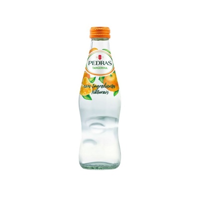 Garrafa de vidro Pedras Tangerina com tampa laranja e rótulo com tangerinas