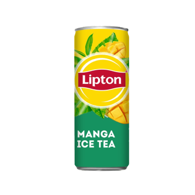 Lata Lipton Manga Ice Tea com design amarelo e verde e imagens de manga