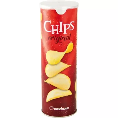 Embalagem cilíndrica vermelha de batatas chips Coviran