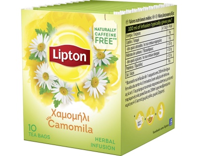 Caixa de chá Lipton Camomila amarela com flores e texto multilingue