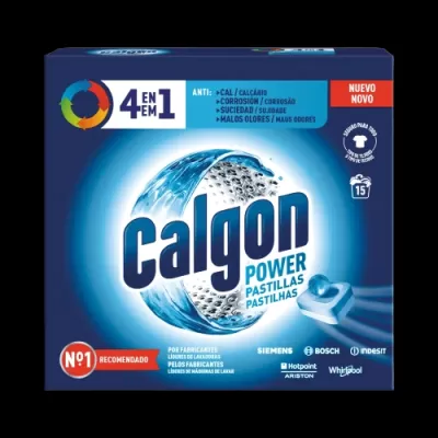Embalagem azul de pastilhas Calgon Power 4 em 1 para lavadoras com texto e logos de marcas