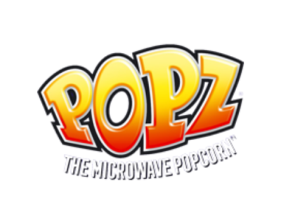 Logótipo colorido de POPZ com texto 'THE MICROWAVE POPCORN'