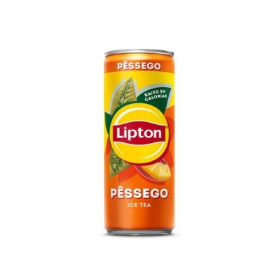 Lata de ice tea Lipton sabor pêssego com cores laranja, verde, amarelo e vermelho