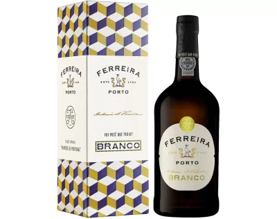 Garrafa de vinho do Porto Ferreira Branco com caixa decorada geométrica.