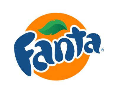 Logótipo da Fanta com texto azul sobre círculo laranja