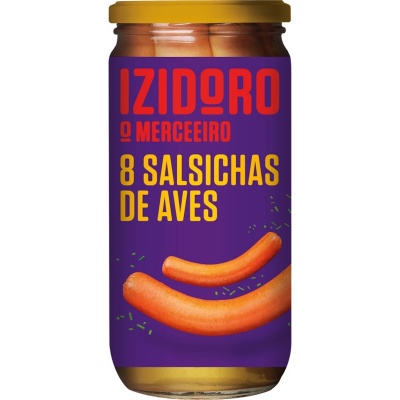 Frasco de salsichas de aves Izidoro com etiqueta roxa e texto em vermelho e amarelo.