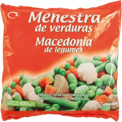 Embalagem de menestra de verduras ultracongelada de cor vermelha e verde