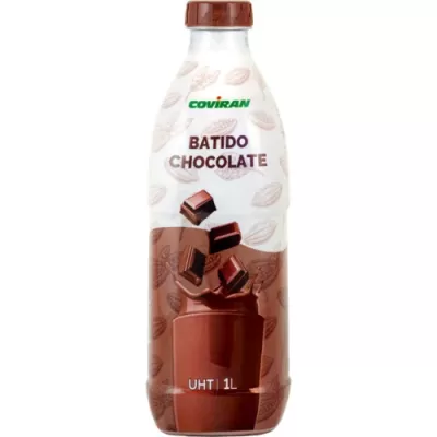 Embalagem de batido de chocolate Coviran com texto e imagens de chocolate.