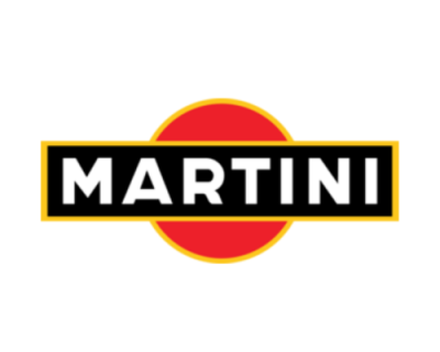 Logotipo com círculo vermelho e palavras 'MARTINI' em faixa preta