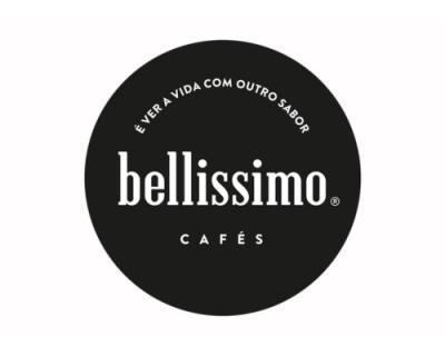 Logótipo preto redondo com texto branco da marca bellissimo CAFÉS