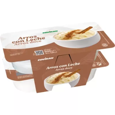 Pack 4 unidades Arroz con Leche Coviran em embalagem castanha e branca com imagem de arroz doce
