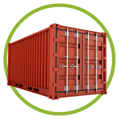 Contentor de carga metálico vermelho com portas traseiras fechadas e círculo verde ao fundo