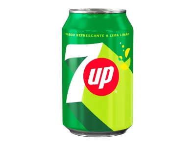 Lata verde e amarela de refrigerante 7up com logotipo e texto sobre sabor a lima limão