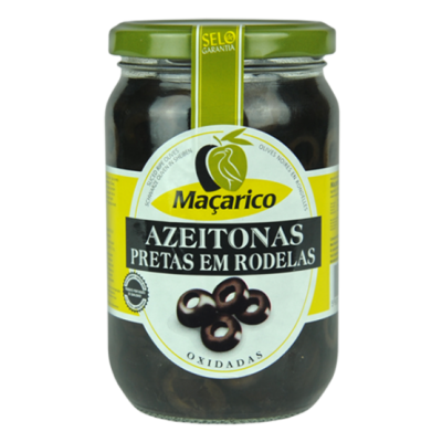 Frasco de azeitonas pretas em rodelas Maçarico
